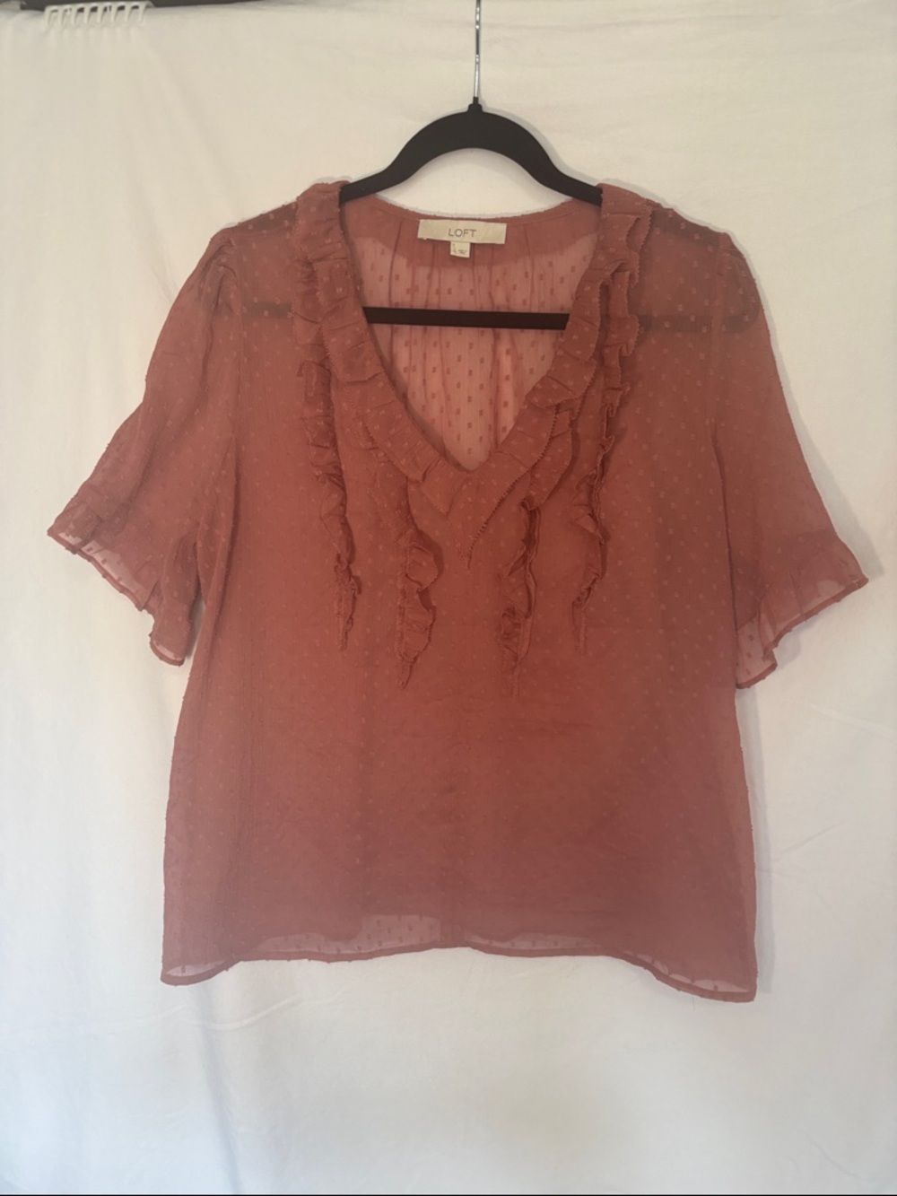 LOFT dusty Rose colored Ruffled V-Neck Sheer Blouse